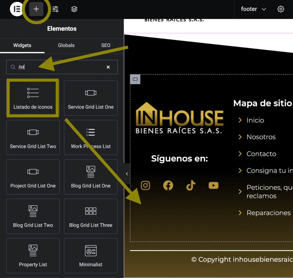 horario laboral con el widget Lista de Iconos