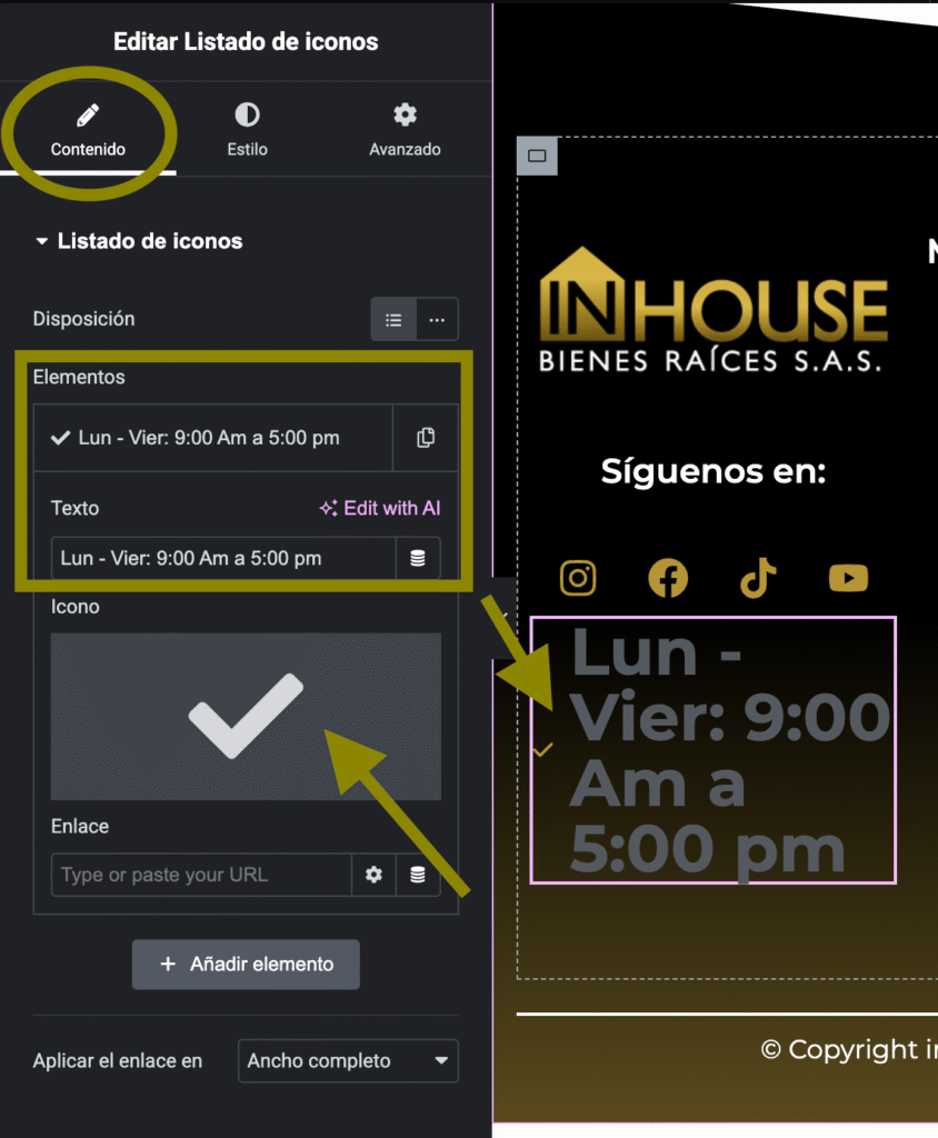 horario laboral con el widget Lista de Iconos