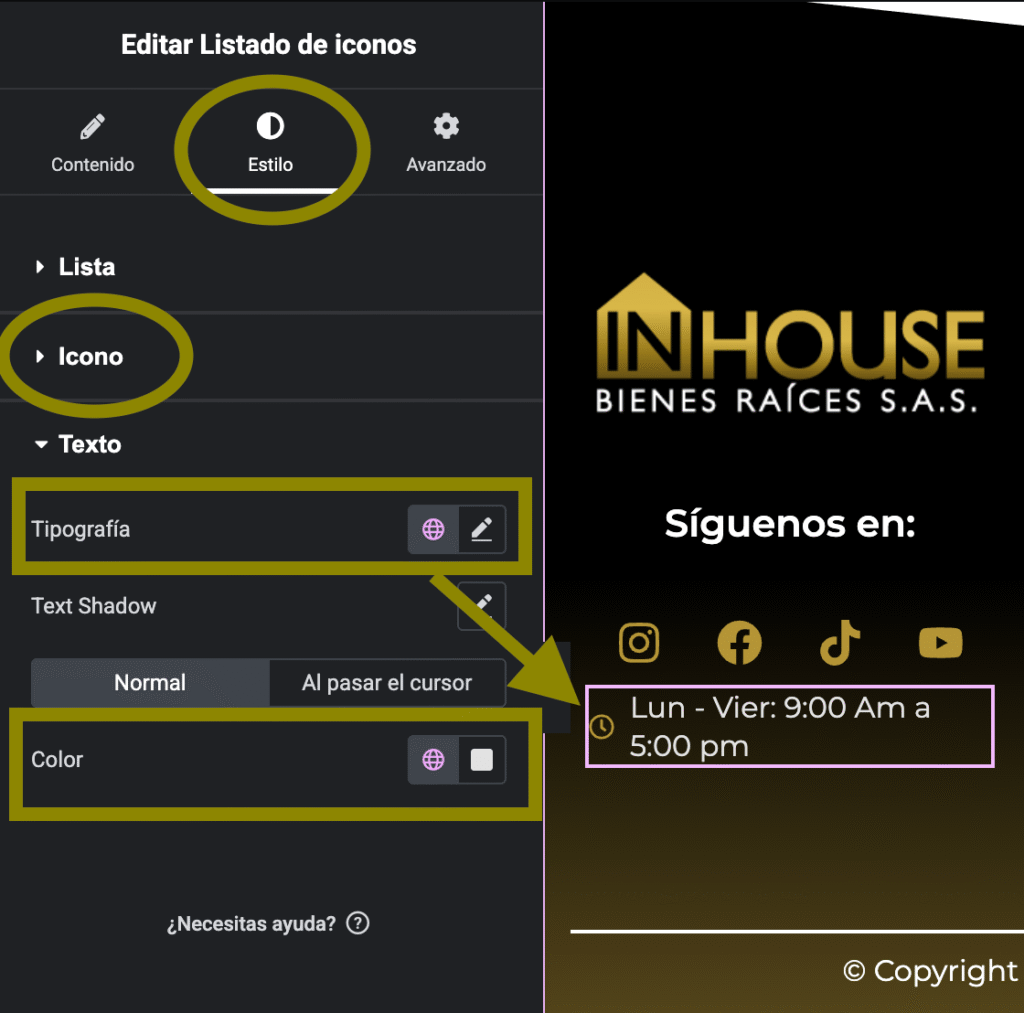 horario laboral con el widget Lista de Iconos