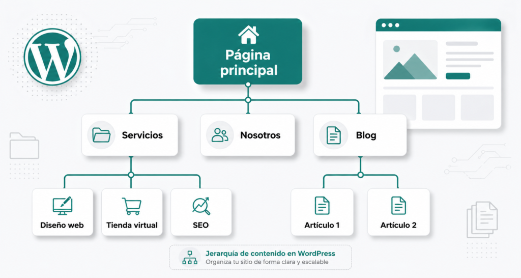 estructura de sub páginas en WordPress jerarquía de contenido