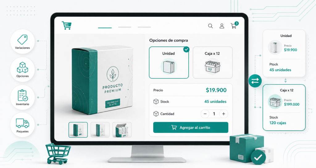 productos variables en WooCommerce con diferentes opciones de compra